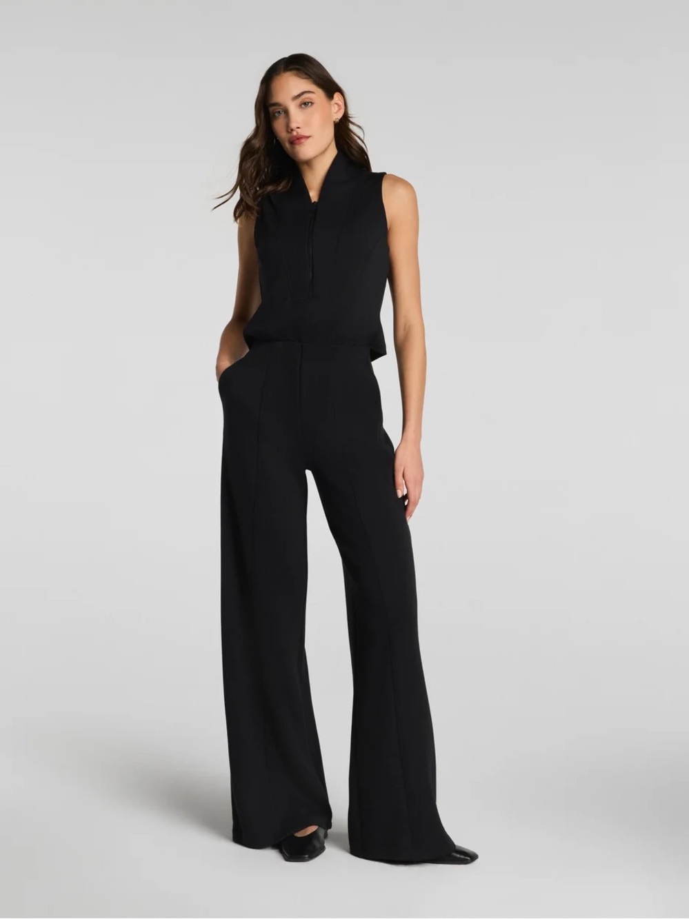NEW Spanx AirEssentials Shawl Collar Half Zip Jumpsuit In Black Size SP